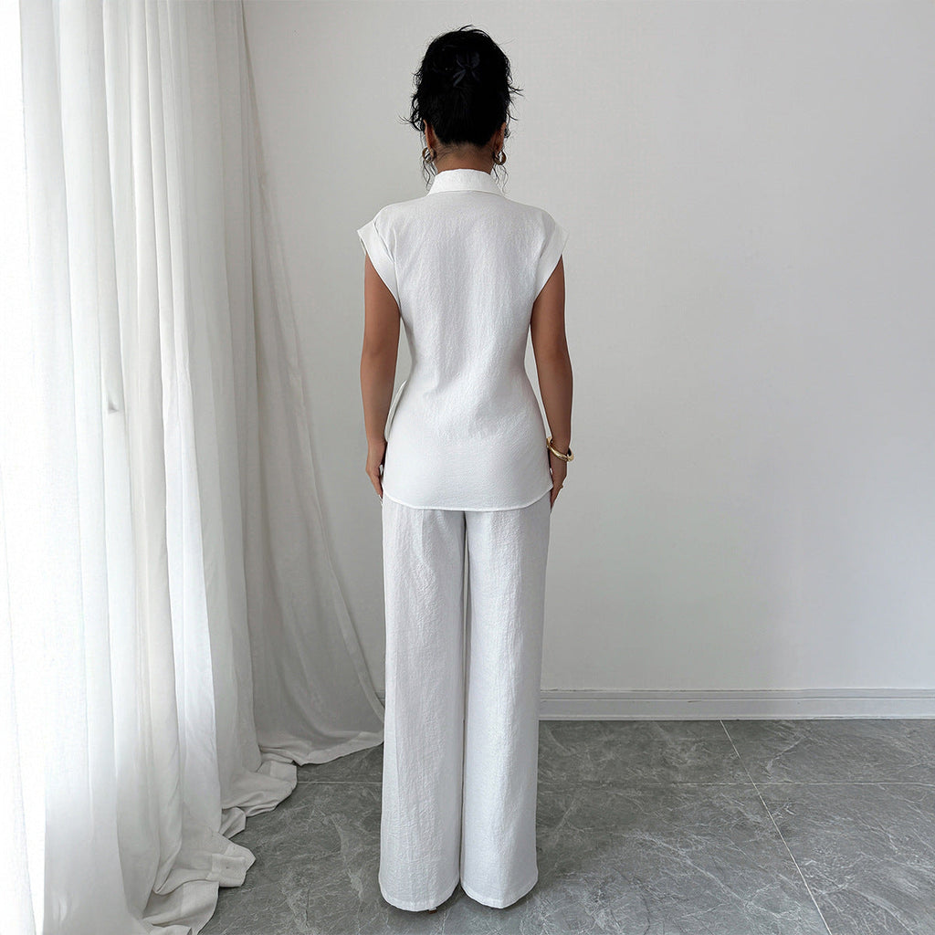 Elegant Two-Piece Set with Fitted Blouse and Wide-Leg Trousers