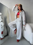 Women’s Casual French Terry Lounge Set with Short Zip Hoodie and Wide-Leg Joggers