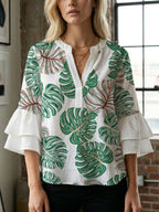 Women's Blouse with Voluminous Flutter Sleeves and Leaf Print