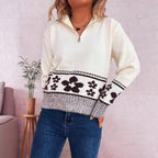 Women's Chunky Knit Sweater with Floral Patterns and Practical Half-Sleeves