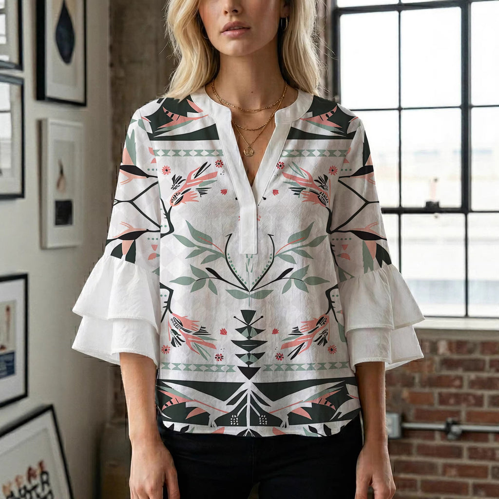 Casual Blouse with Ruffle Sleeves and Botanical Print