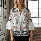Casual Blouse with Ruffle Sleeves and Botanical Print