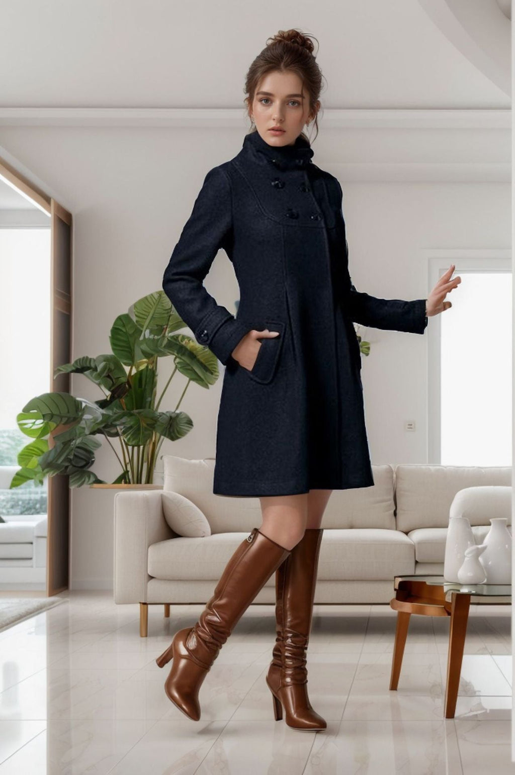 Elegant Hooded Coat with Double-Breasted Buttons and Side Pockets