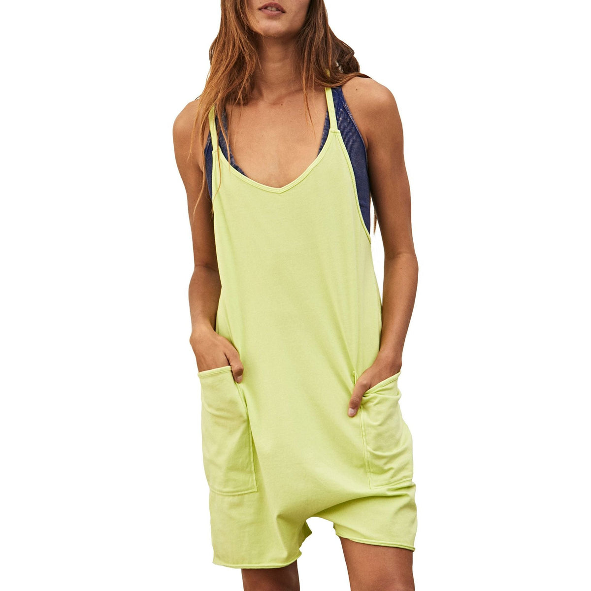 Women's Comfortable Jumpsuit with Deep Neckline and Pockets