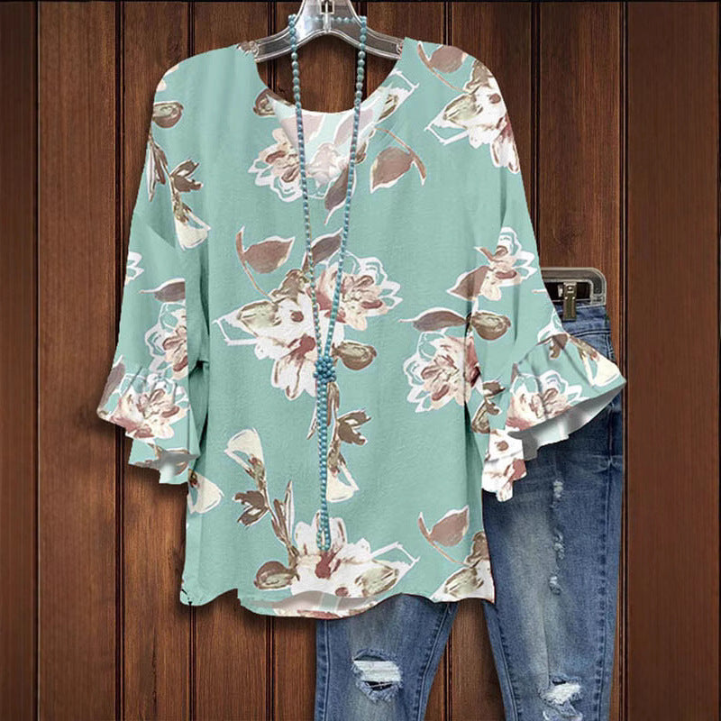 Women's Blouse with Floral Pattern and Ruffle Details