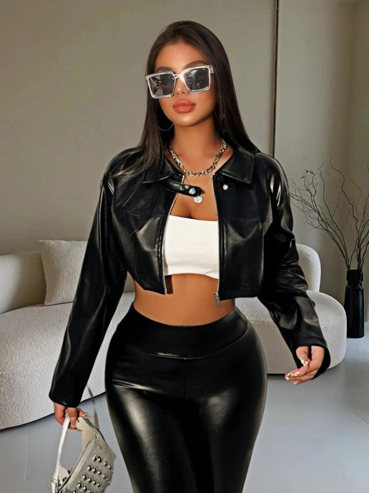 Women's Cropped Faux Leather Jacket with Innovative Zipper