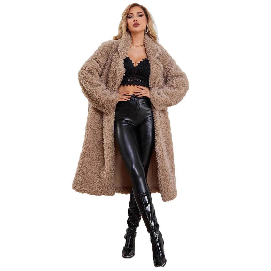 Women's Fluffy Long Faux Fur Coat with Deep V-Neck and Side Pockets