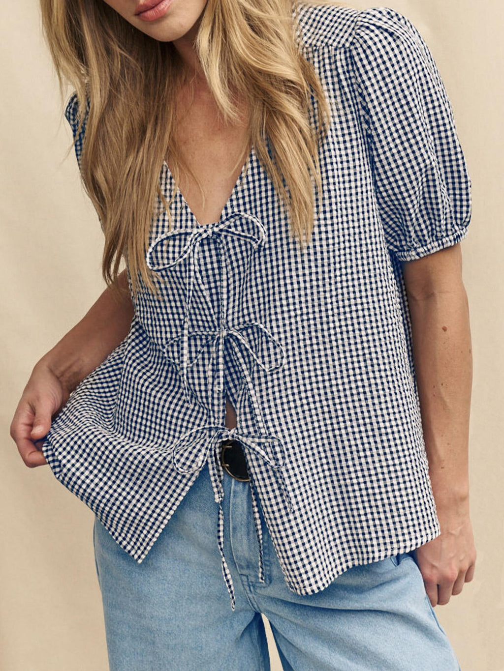 Women's Blouse with Knot Detail and Puffy Sleeves