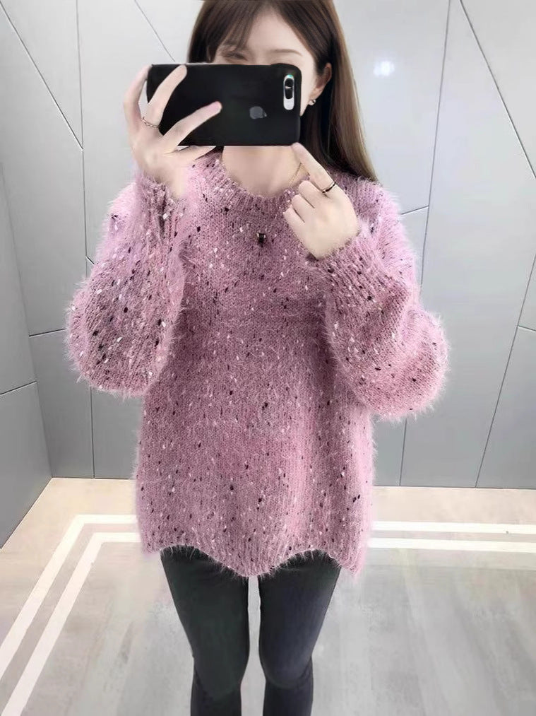 Women's Fluffy Sweater with Unique Texture and Sparkling Accents