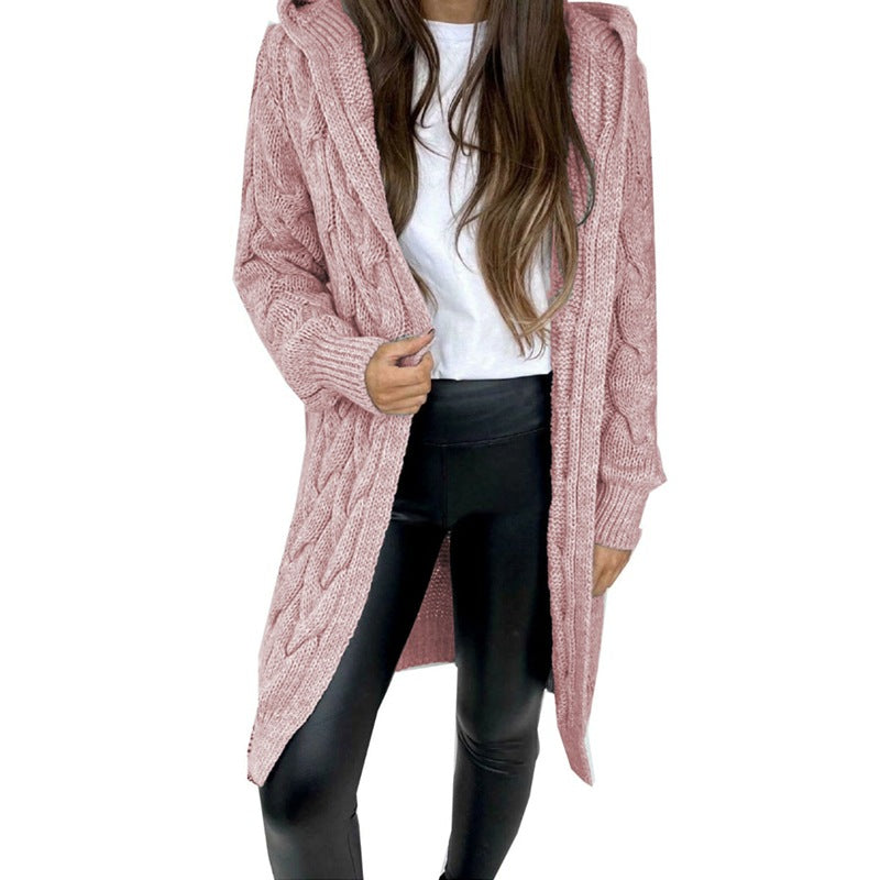 Women's Long Knit Coat with Textured Cable Design and Practical Hood