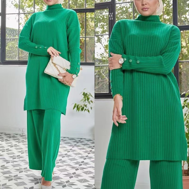 Women's Casual Knit Set with Stand-Up Collar and Button Details