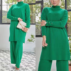 Women's Casual Knit Set with Stand-Up Collar and Button Details