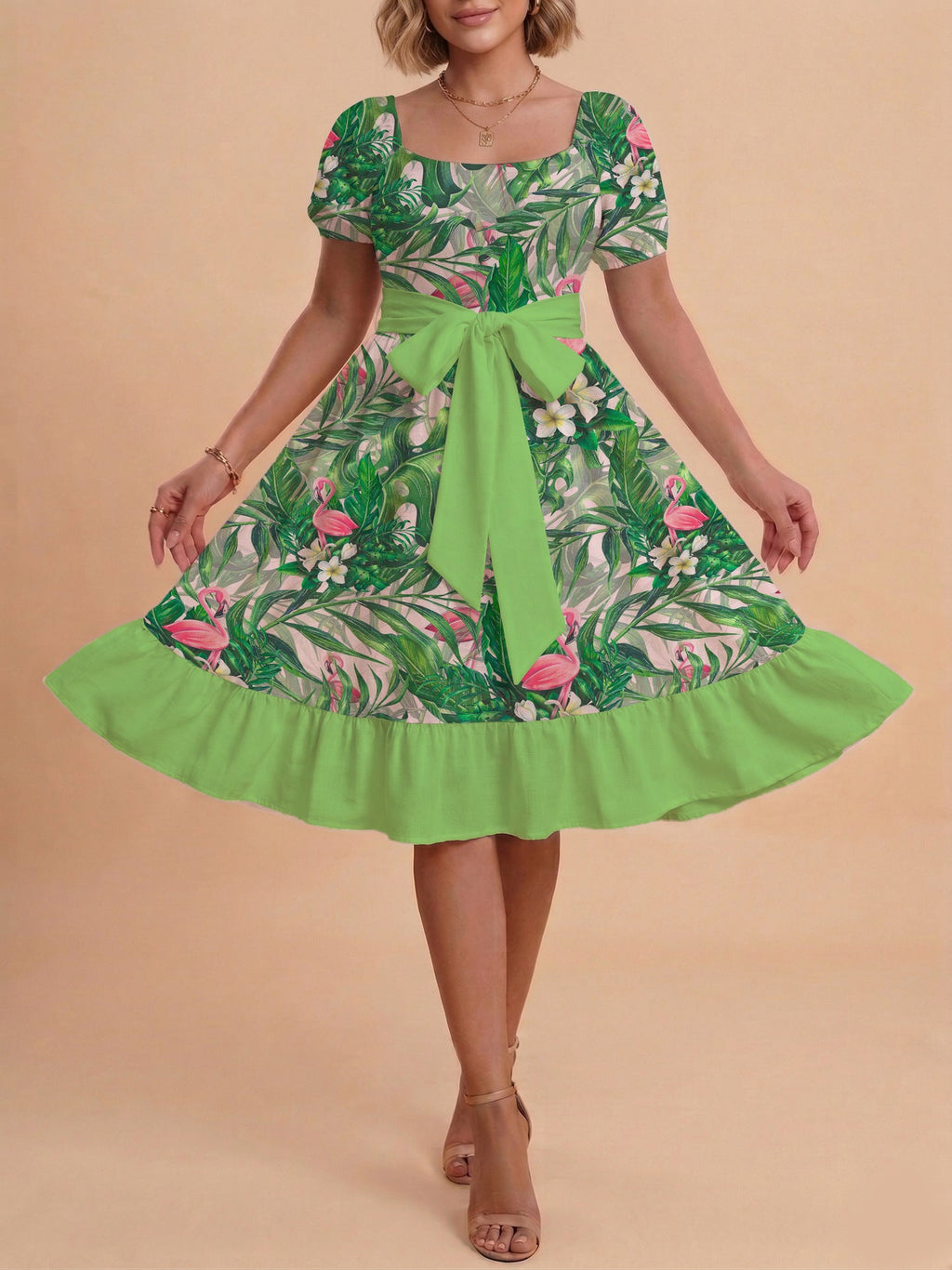 Women's A-Line Dress with Floral Motifs and Adjustable Belt