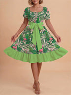 Women's A-Line Dress with Floral Motifs and Adjustable Belt