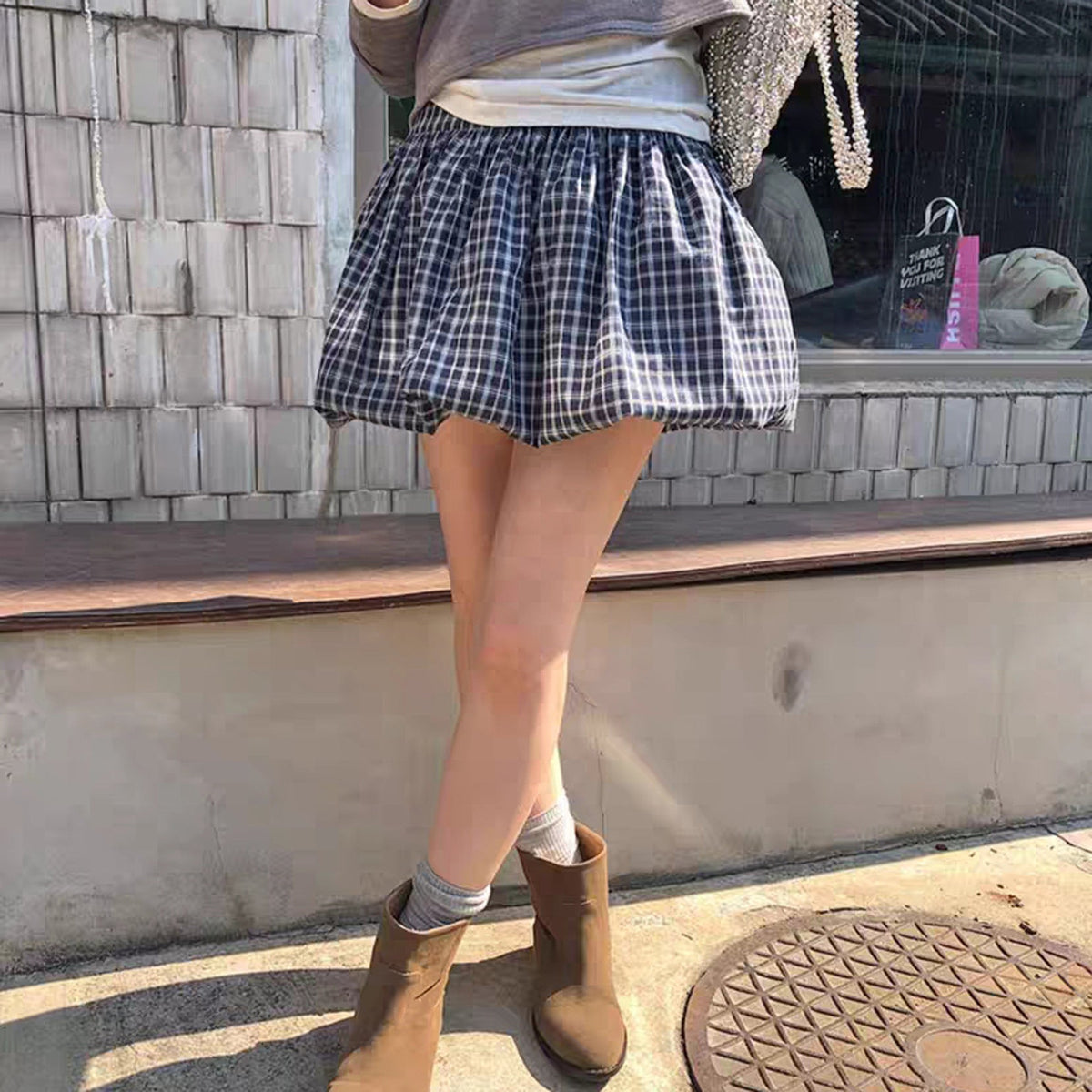 Women's Casual Plaid Skort with Elastic Waist and Side Pockets