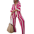 Women's Crocheted Leisure Suit with Wide Stripe Pattern and V-Neck
