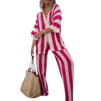 Women's Crocheted Leisure Suit with Wide Stripe Pattern and V-Neck
