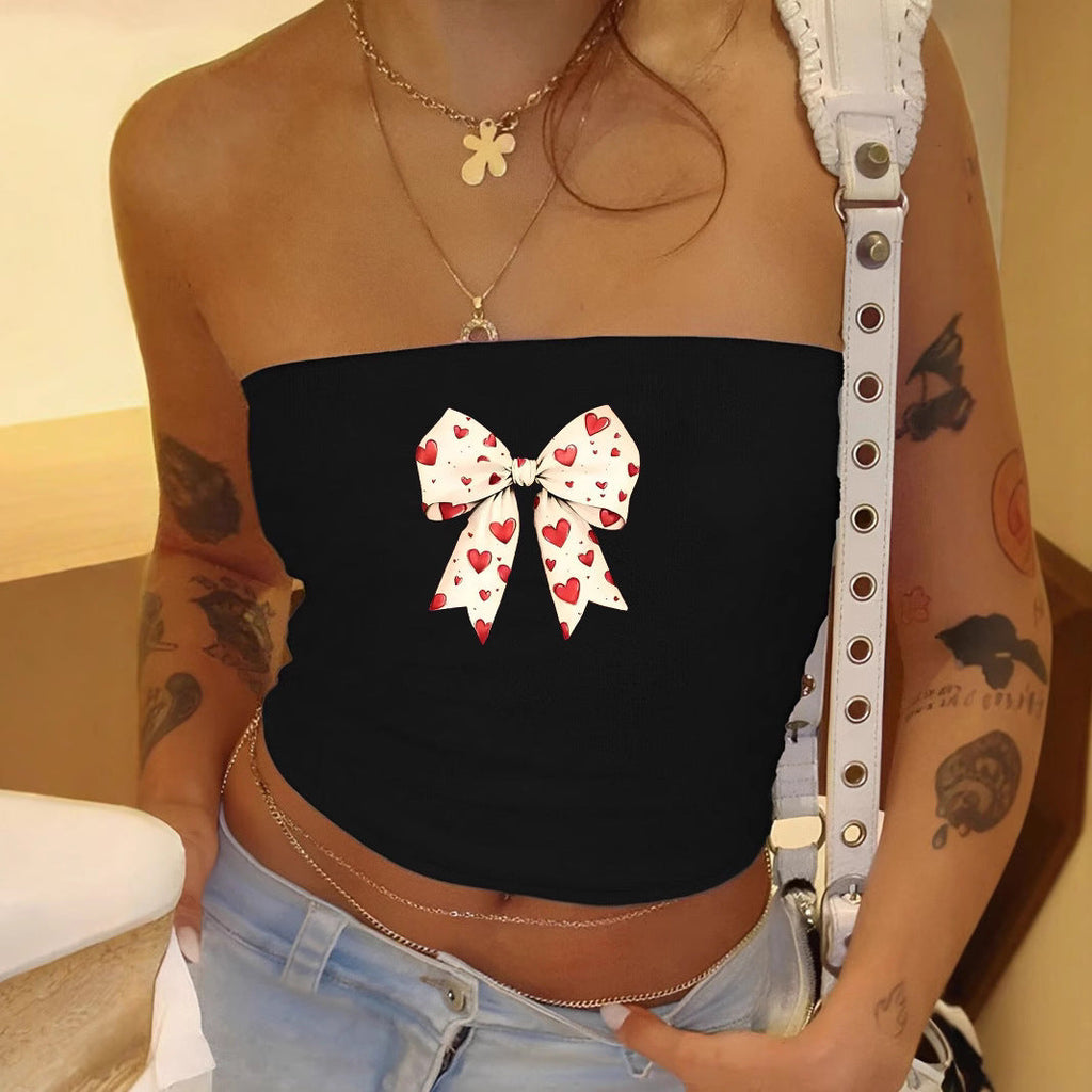 Women's Bandeau Top with Romantic Heart Motif and Bow Print