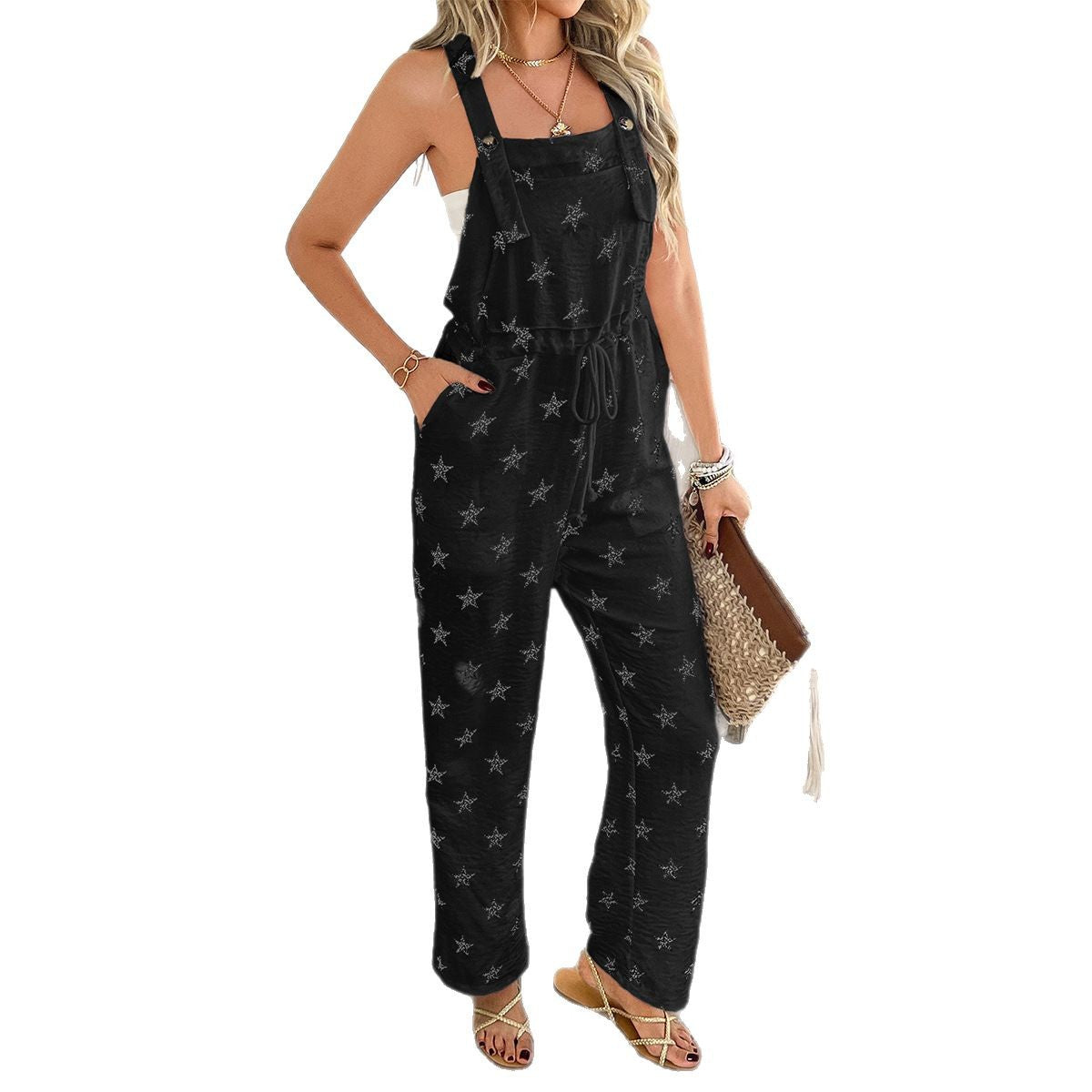 Casual Jumpsuit with Star Motif and Adjustable Straps