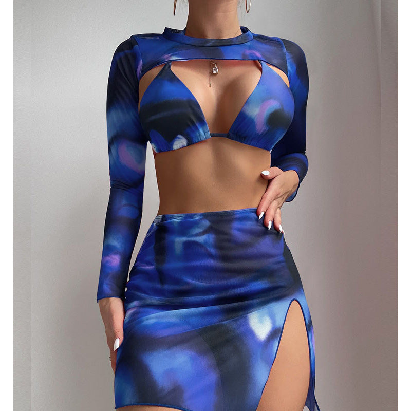 Women's Fashionable Long-Sleeve Crop Top and High-Waisted Skirt