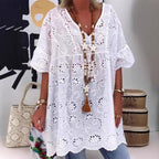 Women's Blouse with Floral Embroidery and Wide Sleeves