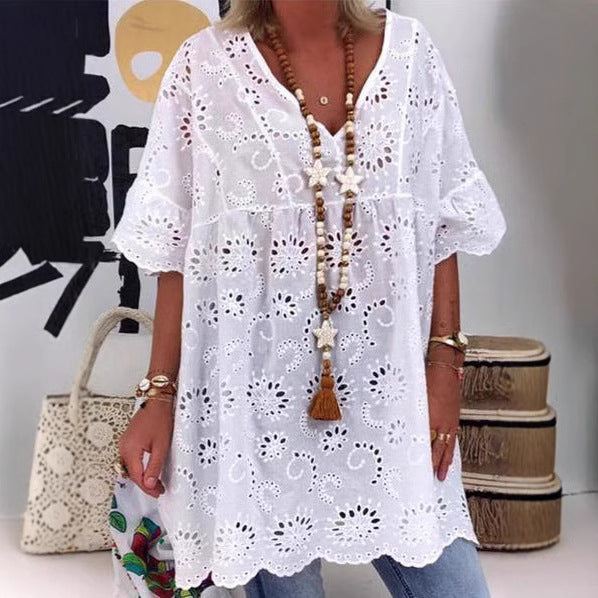 Women's Blouse with Floral Embroidery and Wide Sleeves