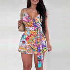Women's Casual Wrap Jumpsuit with Pattern and Waist Belt