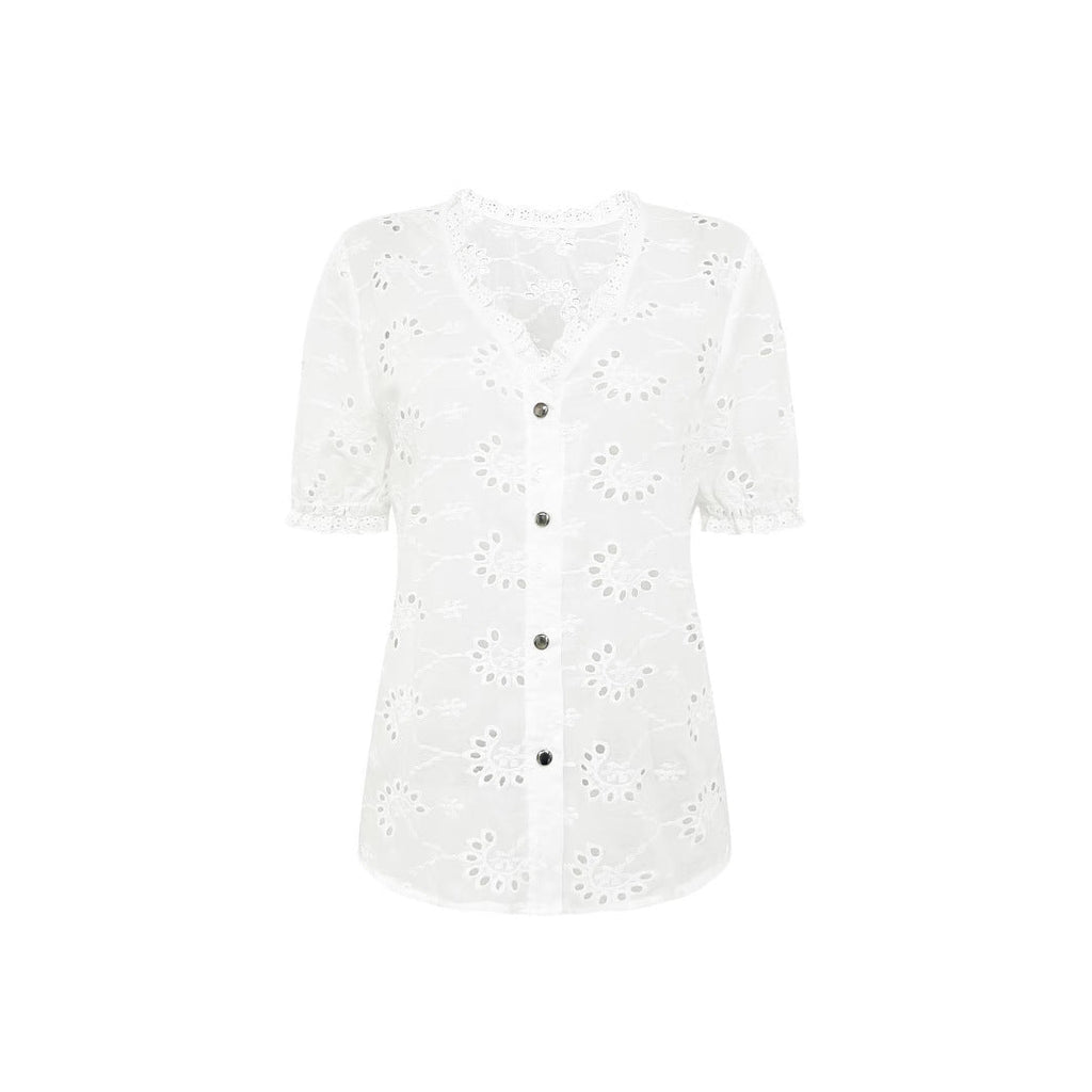 Women's Airy Blouse with Eyelet Patterns and Button Details