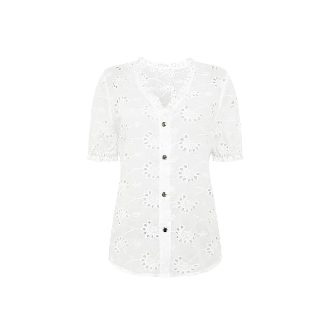 Women's Airy Blouse with Eyelet Patterns and Button Details