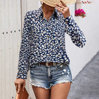Elegant Women's Blouse with Modern Graphic Pattern and Deep Round Neckline