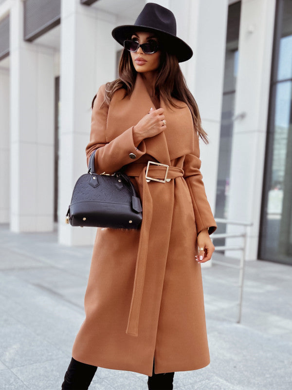 Elegant Trench Coat with Belt and Textured Fabric
