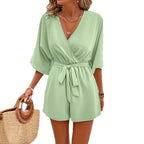 Women's Elegant Wrap Jumpsuit with Waist Belt and Short Sleeves