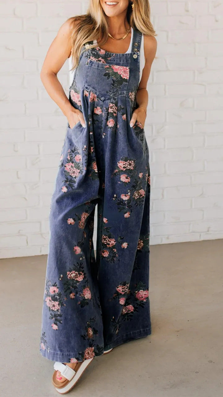 Women's Casual Denim Jumpsuit with Floral Print and Wide Legs