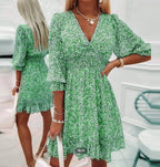 Women's Floral V-Neck Dress with Puff Sleeves