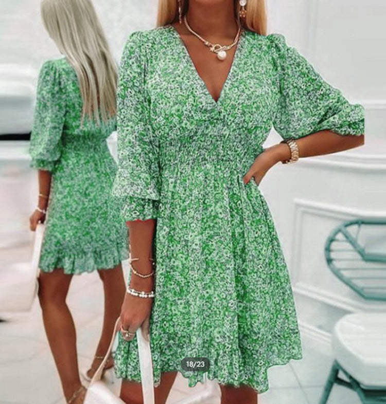 Women's Floral V-Neck Dress with Puff Sleeves