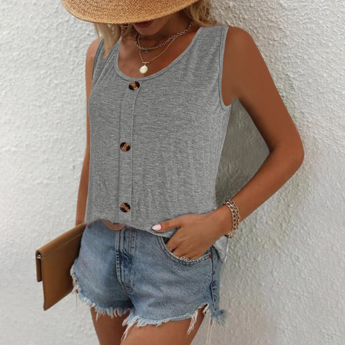 Sleeveless Top with Decorative Buttons and Relaxed Fit