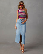 Women's Casual Denim Skirt with Side Slit and Frayed Hem