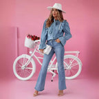 Women's Denim Shirt with Ruffles and Bow Details
