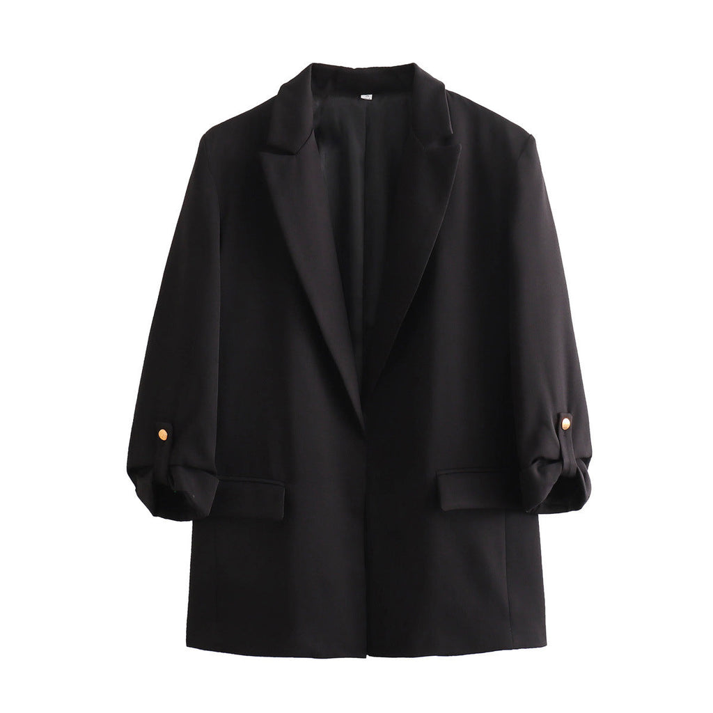 Women's Elegant Blazer with Structured Sleeves and Gold Accents
