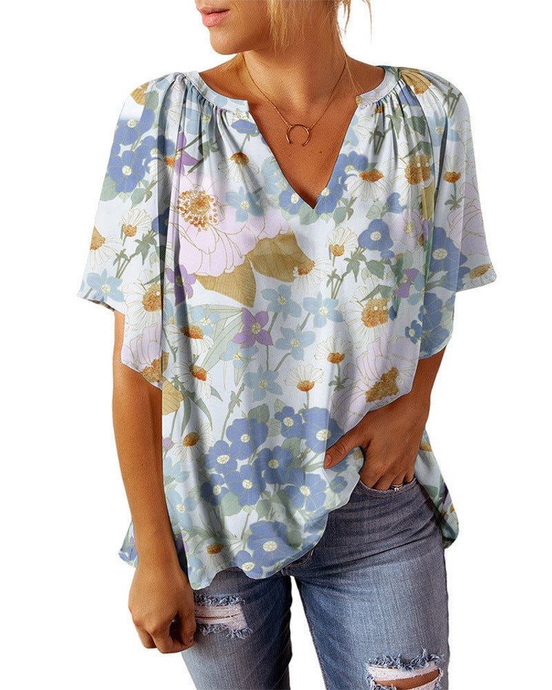 Women's Airy V-Neck Blouse with Floral Pattern