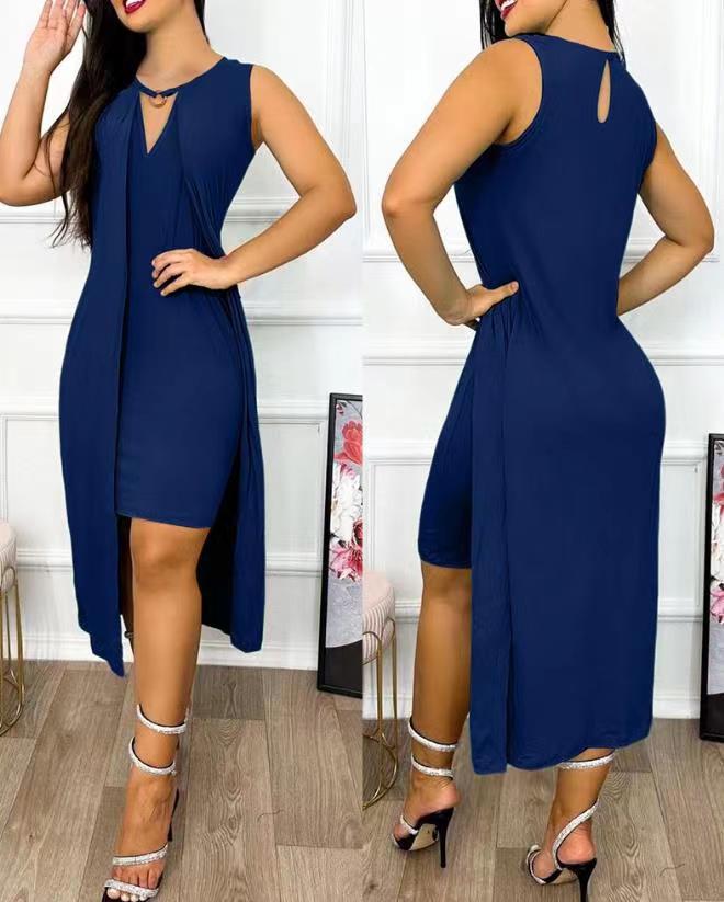 Women's Sleeveless Maxi Dress with Deep V-Neck and Side Slit