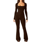 Women's Long Sleeve Romper with Square Neck and Wide Leg