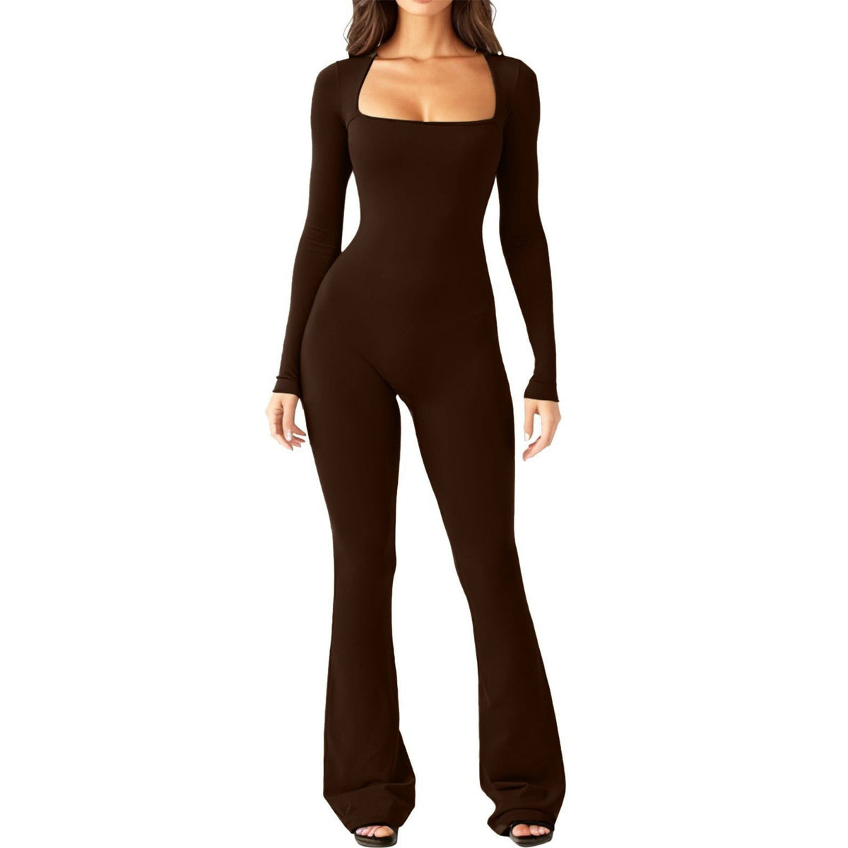 Women's Long Sleeve Romper with Square Neck and Wide Leg