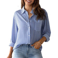 Casual Striped Shirt Blouse with Chest Pocket