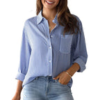 Casual Striped Shirt Blouse with Chest Pocket