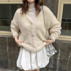 Women's Fluffy Knit Cardigan with Elegant Button Details