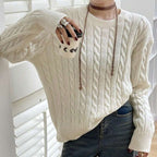 Women's Chunky Knit Sweater with Cable Pattern and Wide Sleeves