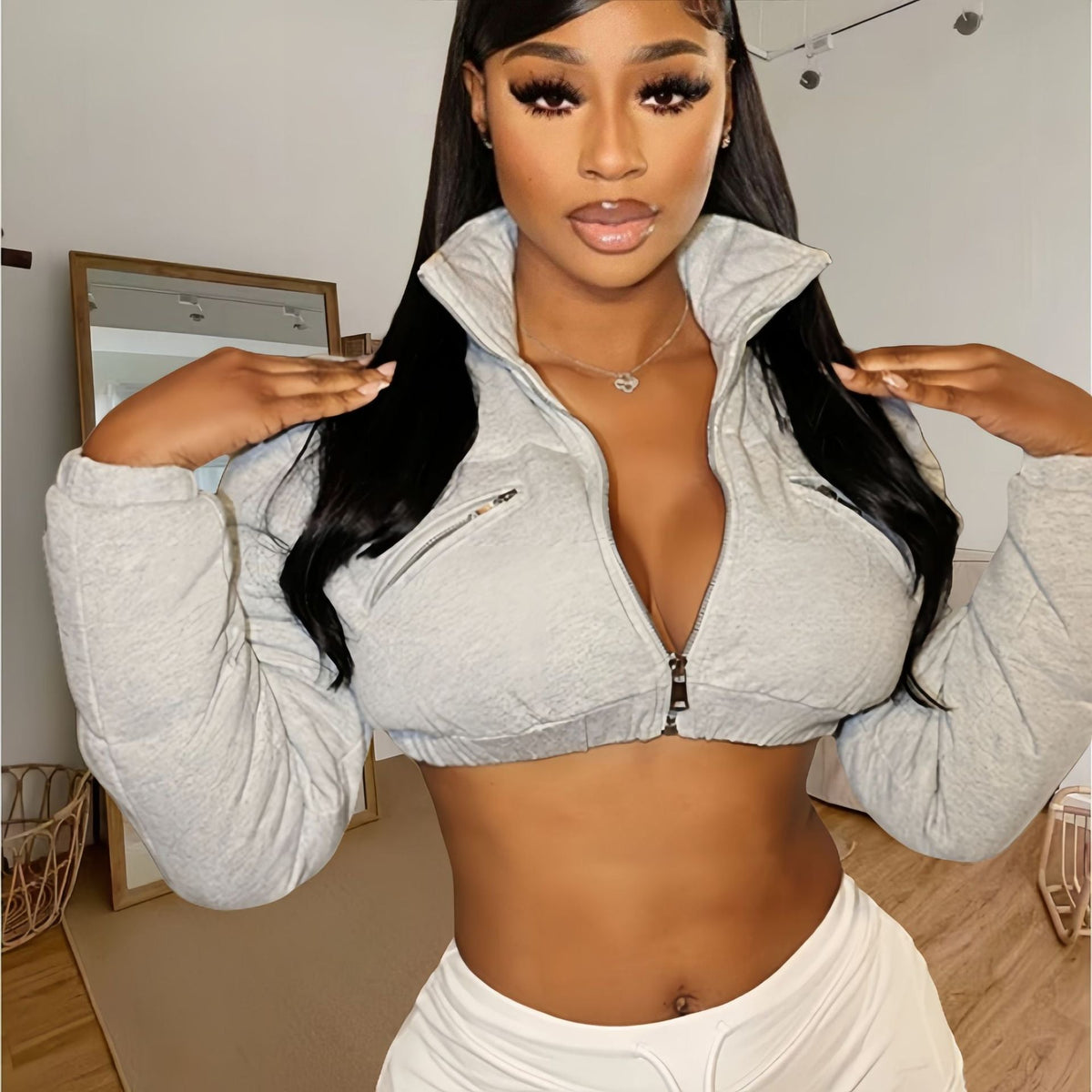 Women's Cropped Sports Jacket with Stylish Stand-Up Collar