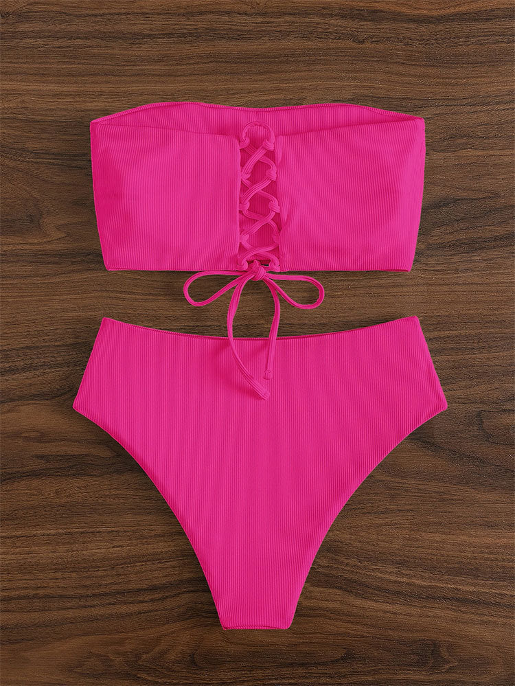 Women's High-Waisted Striped Bandeau Bikini
