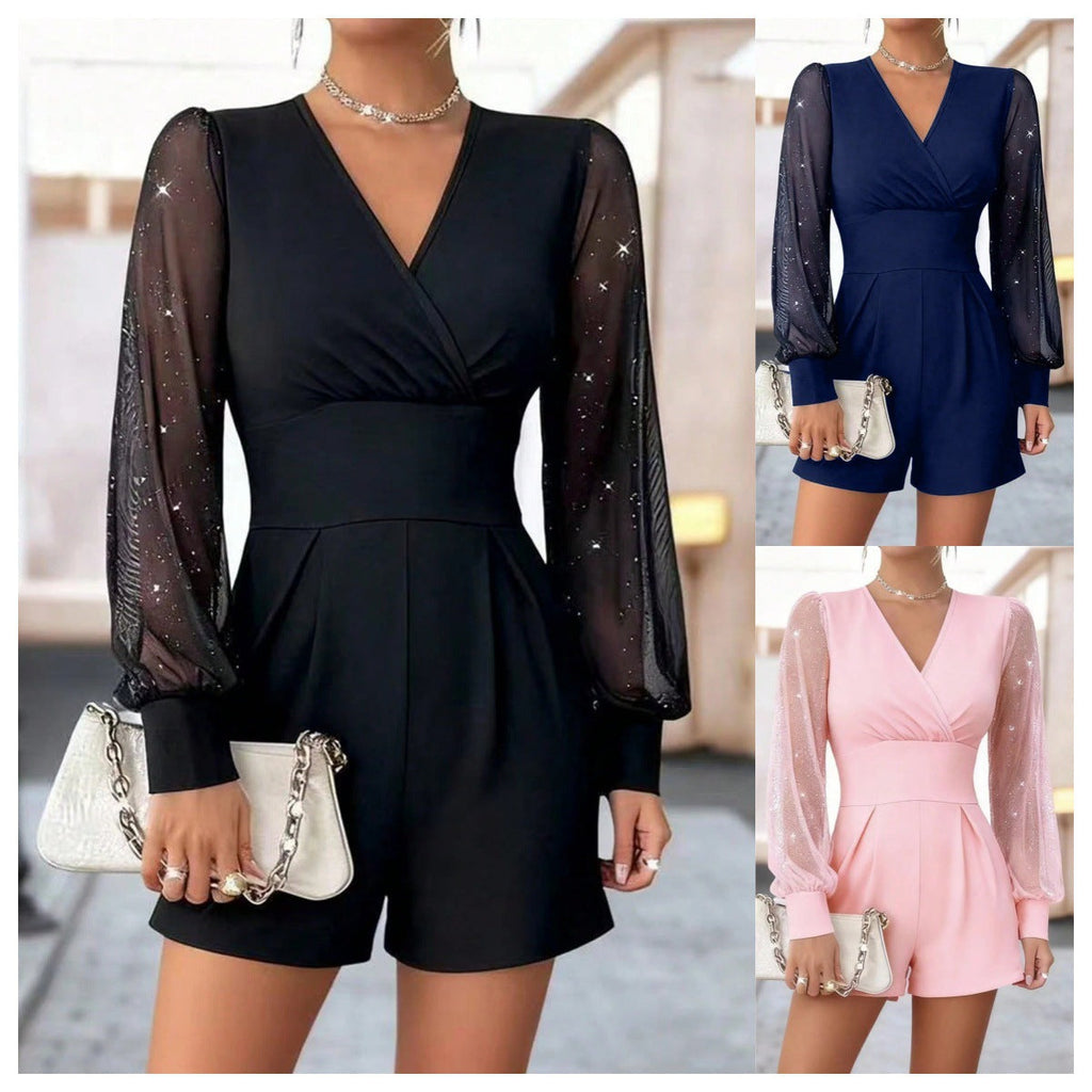 Elegant Jumpsuit with Sheer Puff Sleeves and V-Neck